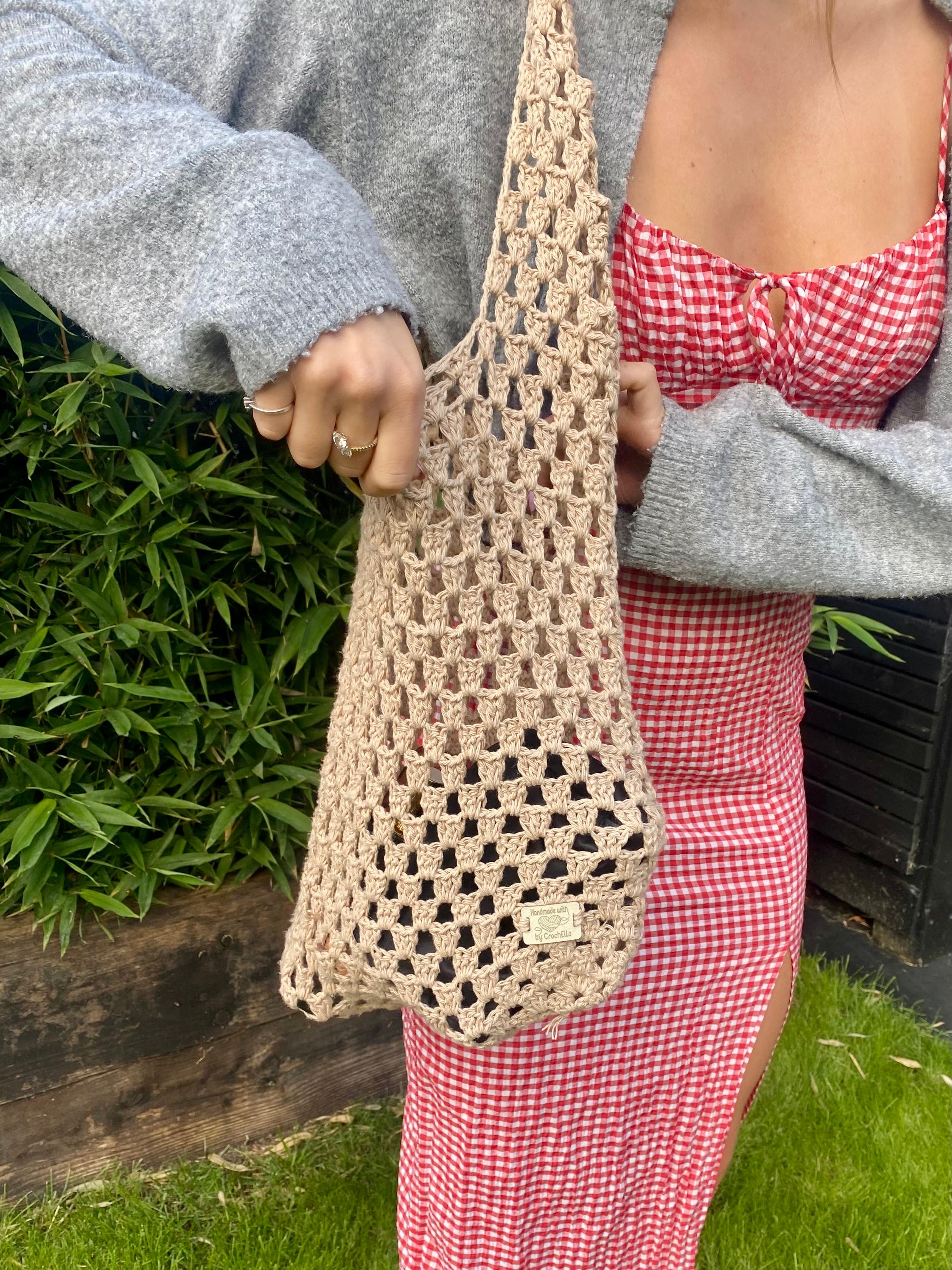 Handmade crochet tote bag in neutral yarn